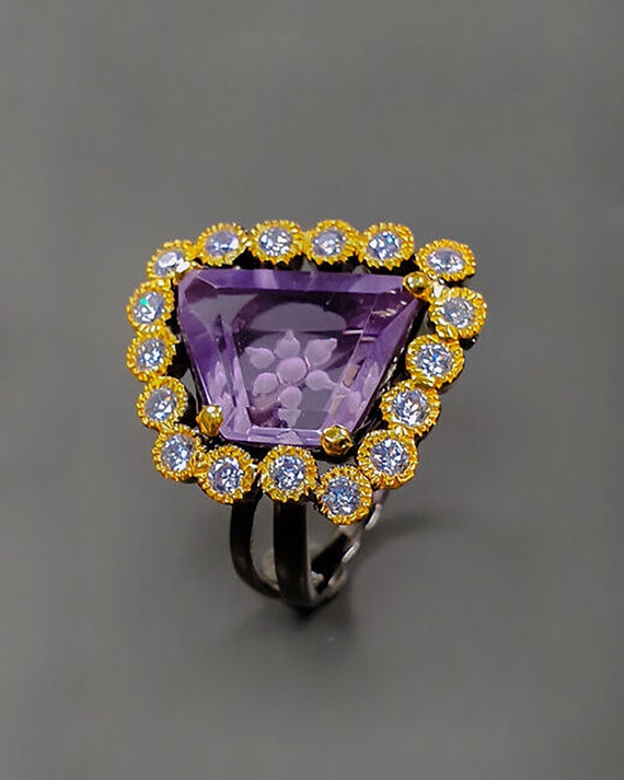 Rainbow Moonstone Rhodolite CZ Ring Two-tone Black Rhodium Gold-plated Silver Rainbow Moonstone Rhodolite CZ Ring Two-tone Black Rhodium Gold-plated Silver