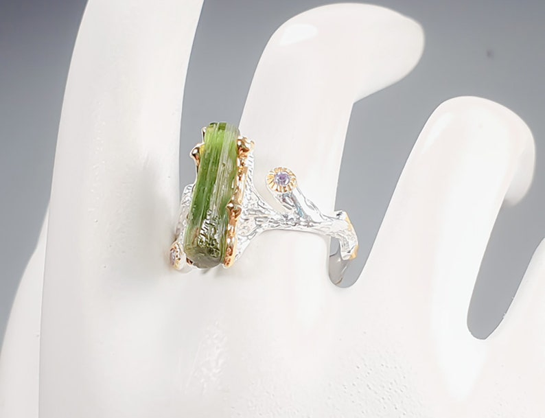 Raw Green Tourmaline Bar Ring, Ring for Women, rough gemstone ring, Raw Crystal Ring, anniversary gift for her October birthstone statement image 2