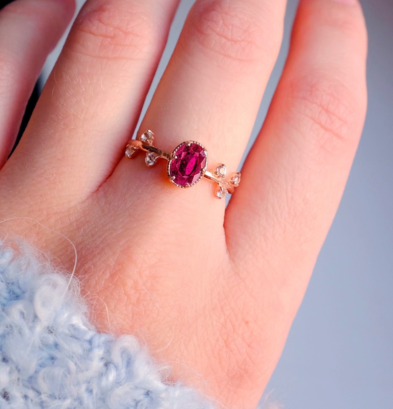 14K rose gold natural ruby ring, tiny dainty diamond ring for women, boho delicate jewelry gift for her, engagement ring, anniversary gift image 1