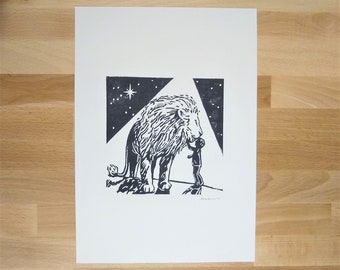 Linograbado inspirado en Narnia El beso del león