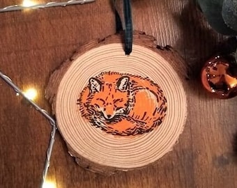 Cosy Fox Woodland Linoprint Woodslice Christmas Decoration