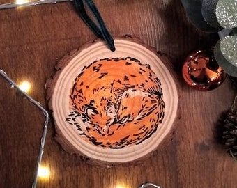 Sleeping Fox Woodland Linoprint Woodslice Christmas Decoration