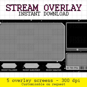Pu&ograve; includere: Una sovrapposizione di streaming pixelata in nero e grigio con il testo "STREAM OVERLAY" in rosa e "INSTANT DOWNLOAD" in bianco. La sovrapposizione ha cinque sezioni etichettate come "RECENT FOLLOWER", "RECENT SUBSCRIBER", "RECENT DONATION", "ID: TW-1754" e un'ampia area rettangolare al centro. La sovrapposizione &egrave; su uno sfondo nero con stelle bianche.