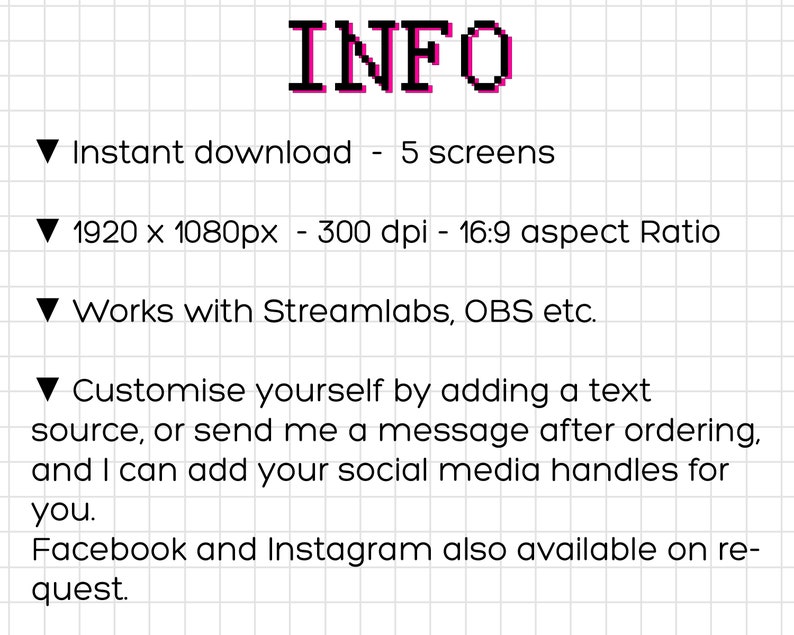 Pu&ograve; includere: Grafica di testo con la parola "INFO" in grandi lettere rosa. Il testo sotto elenca informazioni su un prodotto digitale, tra cui il download immediato, la risoluzione, il rapporto di aspetto e la compatibilit&agrave; con i software di streaming.