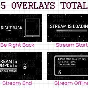 Pu&ograve; includere: Cinque overlay di streaming Twitch in bianco e nero con uno sfondo spaziale. Gli overlay includono: Be Right Back, Stream Start, Stream is Loading, Stream is Complete e Stream Offline.