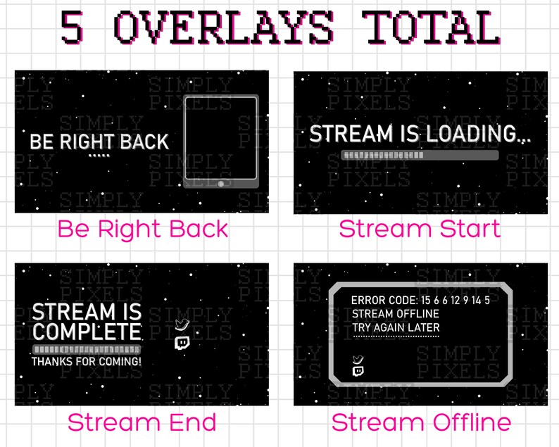 Pu&ograve; includere: Cinque overlay di streaming Twitch in bianco e nero con uno sfondo spaziale. Gli overlay includono: Be Right Back, Stream Start, Stream is Loading, Stream is Complete e Stream Offline.
