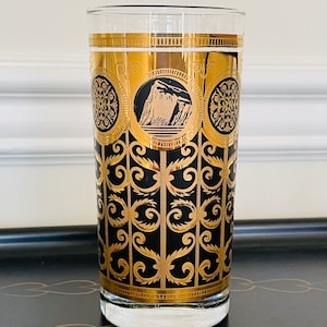 Libbey Prudential Insurance 90th Anniversary 12 oz Tumbler Midcentury Black Gold Filigree Rock of Gibraltar 1960s barware
