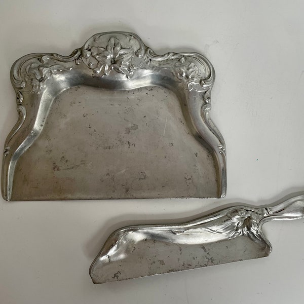 Vintage Aluminum Art Nouveau Crumb Catcher Tray Set Victorian Decor Antique Formal Dining Decor