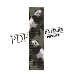 May include: A beading pattern for a bracelet featuring three black and white panda bears on a green background. The pattern is labeled "PDF PATTERN PEYOTE".