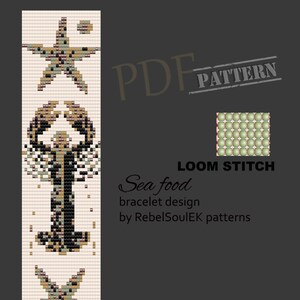 May include: A loom knitting pattern for a bracelet featuring a lobster and two starfish. The pattern is called "Sea food" and is designed by RebelSoulEK patterns. The pattern is available as a PDF download.