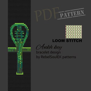 May include: A green, black, and yellow Ankh key bracelet design pattern for loom knitting. The pattern is for a loom stitch bracelet. The pattern is by RebelSoulEK patterns.