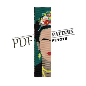 May include: A digital download pattern for a peyote stitch beading project featuring a portrait of Frida Kahlo. The pattern is in PDF format.