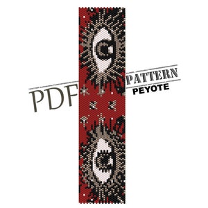 May include: A beading pattern for a peyote stitch bracelet featuring a red background with two black and white eyes with a sunburst design. The text "PDF PATTERN PEYOTE" is visible in the image.