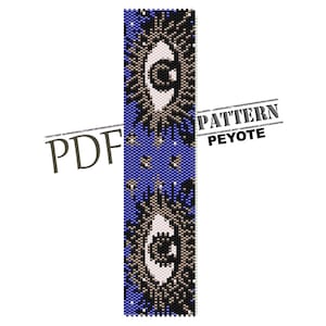 Puede incluir: Un patrón de abalorios en punto de peyote con dos ojos con rayos de sol, sobre un fondo azul con estrellas blancas. El patrón está etiquetado como "PDF PATTERN PEYOTE".