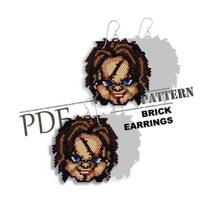 May include: A pair of beaded earrings featuring a pixelated image of a character with brown hair, a red scar, and blue eyes. The earrings are labeled "Brick Earrings" and "PDF Pattern".