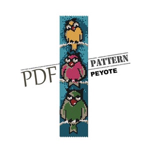 May include: A PDF pattern for a peyote stitch beading project featuring three colorful birds on a blue background. The pattern includes instructions for creating the birds and the background.