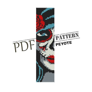 Puede incluir: Un patrón de abalorios de punto de peyote colorido con una calavera de azúcar del Día de Muertos con una rosa roja. El patrón está etiquetado como "PDF PATTERN PEYOTE".