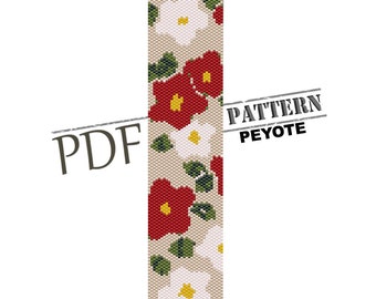 Patrón de pulsera de peyote con flores rojas y cuentas de semillas (patrón PDF)