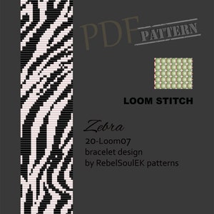 May include: Black and white zebra patterned loom bracelet design for a 20-loom. The design is called "Zebra 20-Loom07" and is by RebelSoulEK patterns.