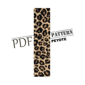 Könnte beinhalten: Ein Perlmuster für ein Armband mit Leopardenmuster, das mit Peyotestich gearbeitet wird. Das Muster ist im PDF-Format.