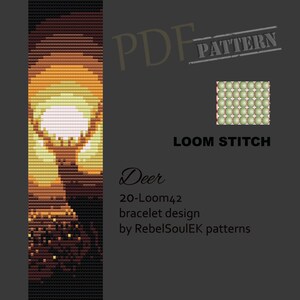 Op de afbeelding: Een loom breipatroon voor een armband met een hert silhouet tegen een zonsondergang achtergrond. Het patroon is voor een 20-loom en heet "Deer" door RebelSoulEK patterns.
