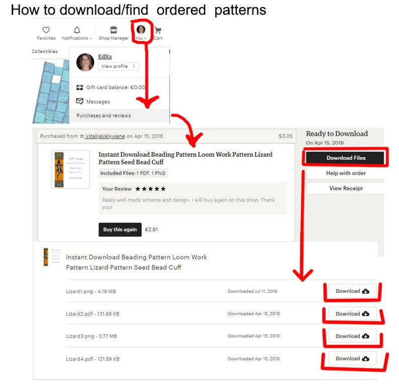 K&ouml;nnte beinhalten: Screenshot mit Anweisungen zum Herunterladen digitaler Muster von einem Etsy-Shop. Das Bild zeigt die Schritte zum Auffinden und Herunterladen gekaufter Dateien, einschlie&szlig;lich der Schaltfl&auml;che "Dateien herunterladen" und einzelner Download-Links.