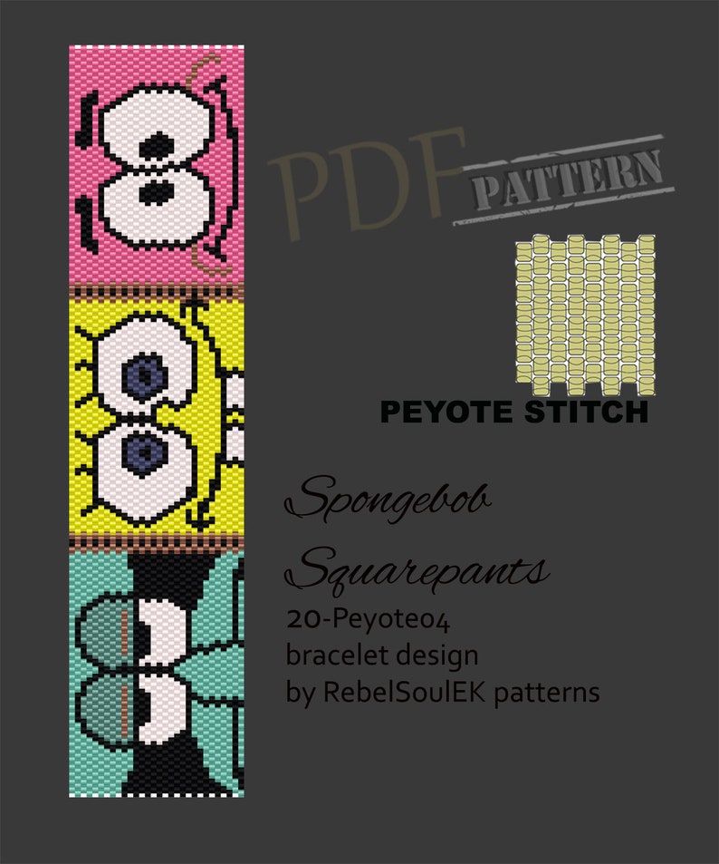 K&ouml;nnte beinhalten: Ein digitales Muster f&uuml;r ein Perlenarmband mit SpongeBob Schwammkopf, Patrick Star und Thadd&auml;us. Das Muster ist f&uuml;r den Peyotestich konzipiert und als PDF-Download erh&auml;ltlich.