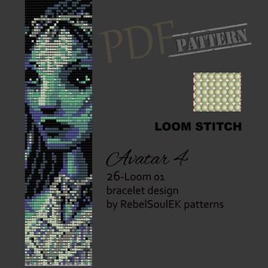 Puede incluir: Un patrón PDF digital para un diseño de pulsera de cuentas. El diseño presenta una imagen pixelada del rostro de una mujer en tonos de azul, verde y blanco. También se incluye el texto "Avatar 4" y "26-Loom 01".