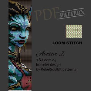 Può includere: Un modello PDF digitale per un design di braccialetto con telaio. Il design presenta un'immagine pixelata di un personaggio di Avatar 2, con tonalità della pelle blu e verde acqua. È visibile anche il testo "Avatar 2" e "26-Loom 04 bracelet design".
