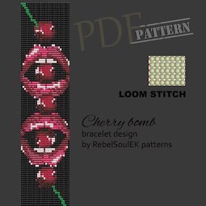 May include: A digital PDF pattern for a beaded bracelet design. The design features a repeating pattern of stylized cherries and open mouths in shades of red and white against a black background. The text "Cherry bomb" is included.