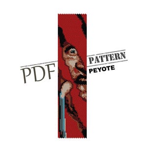 May include: A PDF pattern for a peyote stitch beading project featuring a red and brown portrait of a man. The pattern is for a bracelet or other beaded accessory.