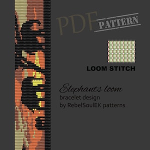 May include: A loom beading pattern for a bracelet featuring a silhouette of elephants in a sunset scene. The pattern is titled "Elephants loom bracelet design by RebelSoulEK patterns" and includes a PDF pattern and a loom stitch diagram.