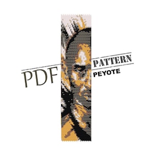 Puede incluir: Un patrón de abalorios para un brazalete de punto de peyote con un retrato en blanco y negro de una persona con un mohawk. El patrón está etiquetado como "PDF PATTERN PEYOTE".