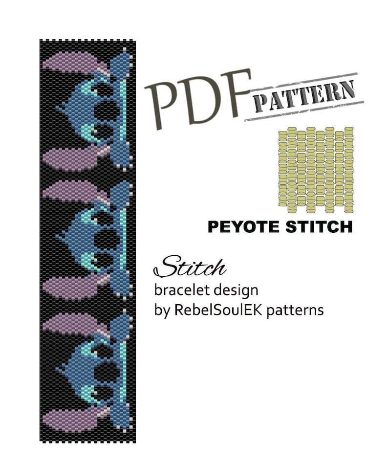 K&ouml;nnte beinhalten: Ein digitales PDF-Muster f&uuml;r ein Armbanddesign mit einer blauen Zeichentrickfigur im Peyote-Stich. Das Design befindet sich auf einem schwarzen Hintergrund mit dem Text "Stitch" und "bracelet design by RebelSoulEK patterns". Das Muster enth&auml;lt auch ein Diagramm.
