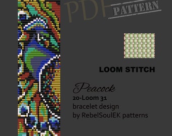 Peacock pattern, bird bracelet, instant download, bead loom pattern, loom beading,  bead weaving pattern, square pattern