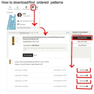 K&ouml;nnte beinhalten: Screenshot einer Etsy-Shop-Seite, die einen digitalen Download eines Perlmuster f&uuml;r eine Eidechsenmanschette zeigt. Das Muster enth&auml;lt Anweisungen zum Erstellen einer Perlenmanschette mit einem Webstuhl. Das Bild zeigt das Mustercover, eine Kundenbewertung und Download-Buttons.