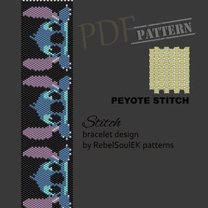 K&ouml;nnte beinhalten: Ein digitales PDF-Muster f&uuml;r ein Perlenarmband mit einem blauen Cartoon-Charakter-Design. Das Muster verwendet die Peyote-Stich-Technik und enth&auml;lt den Text "Stitch bracelet design by RebelSoulEK patterns."