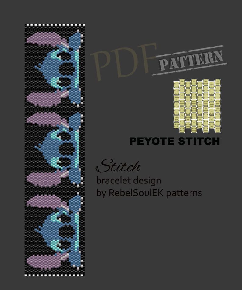K&ouml;nnte beinhalten: Ein digitales PDF-Muster f&uuml;r ein Perlenarmband mit einem blauen Cartoon-Charakter-Design. Das Muster verwendet die Peyote-Stich-Technik und enth&auml;lt den Text "Stitch bracelet design by RebelSoulEK patterns."