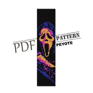 May include: A black and white PDF pattern for a Peyote stitch design. The design features a Scream mask in yellow, pink, and blue. The words "PATTERN" and "PEYOTE" are stamped on the image.