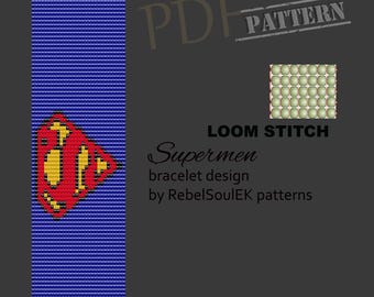May include: A blue loom stitch bracelet design featuring the Superman logo in red and yellow. The design is a PDF pattern. Text on the image reads "Superman bracelet design by RebelSoulEK patterns."