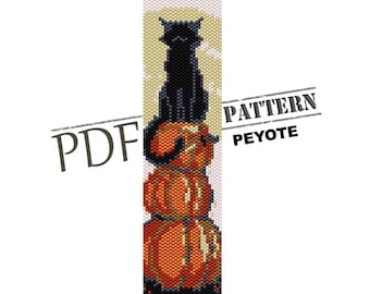 Cat and Pumpkin, halloween beadwork pattern, black cat peyote, instant download, bead peyote pattern, peyote beading, peyote bracelet