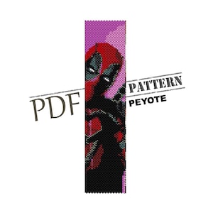 May include: A beading pattern for a peyote stitch bracelet featuring a red and black Deadpool character. The pattern is available as a PDF download.