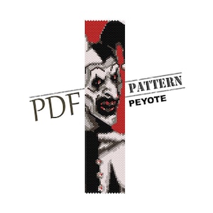 May include: A digital pattern for a peyote stitch beading project featuring a creepy clown with red eyes and a wide grin. The pattern is available as a PDF download.