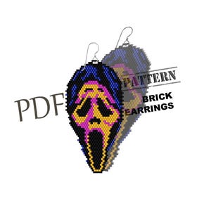 May include: A pair of handmade brick earrings featuring a Scream mask design. The earrings are black, yellow, pink, and blue, with a silver hook. The image also includes the text "PDF PATTERN BRICK EARRINGS."