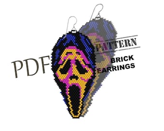 May include: A pair of handmade brick earrings featuring a Scream mask design. The earrings are black, yellow, pink, and blue, with a silver hook. The image also includes the text "PDF PATTERN BRICK EARRINGS."