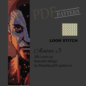 Könnte beinhalten: Ein digitales PDF-Muster für ein Webarmband-Design. Das Design zeigt ein pixeliges Porträt einer Figur aus dem Film Avatar, mit Blau- und Orangetönen. Der Text lautet "Avatar 3" und "26-Loom 03 bracelet design".