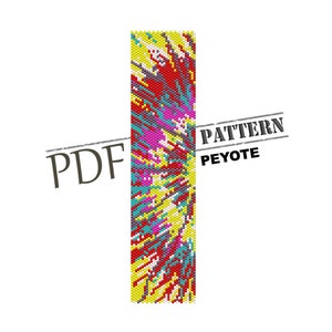 Pode incluir: Um padrão de miçangas de ponto peyote colorido para uma pulseira. O padrão apresenta um esquema de cores amarelo, vermelho, rosa, azul e cinza. O padrão está disponível para download em PDF.  "PATTERN PEYOTE" está impresso na imagem.