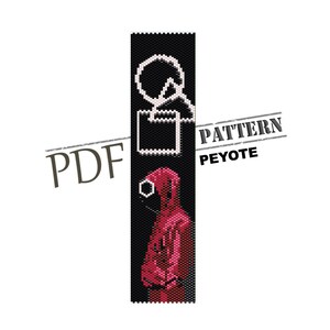 May include: A beading pattern for a peyote stitch bracelet featuring a hooded figure in red against a black background. The pattern is labeled "PDF PATTERN PEYOTE".