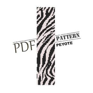 May include: Black and white zebra print peyote stitch beading pattern. The pattern is for a bracelet or other project. The pattern is available as a PDF download.