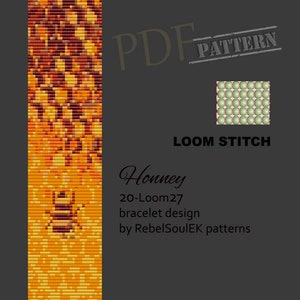 May include: A loom beading pattern for a bracelet with a honeycomb design and a bee in the centre. The pattern is for a 20-loom, 27-row bracelet. The pattern is called "Honney" and is by RebelSoulEK patterns.